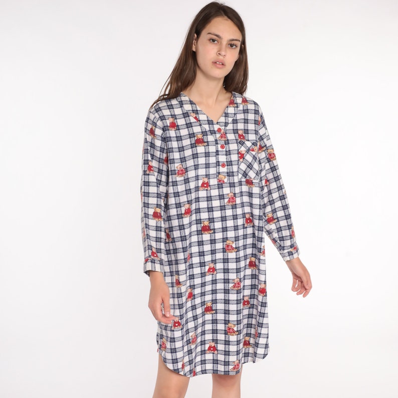 Nightgown Pajama Dress Flannel Teddy Bear Nightie 80s Checkered Retro Tshirt 1980s Kawaii Midi Medium image 5