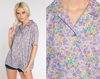 Purple Floral Top 70s Button Up Blouse Retro Flower Print Short Sleeve Collared Shirt Bohemian Hippie Feminine Girly Vintage 1970s Medium M