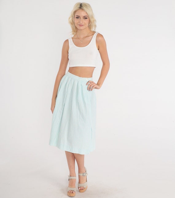 Pastel Striped Skirt 80s Baby Blue Midi Skirt Pleated High Waisted A-Line White Pinstripe Retro Preppy Cotton Vintage 1980s Extra Small xs