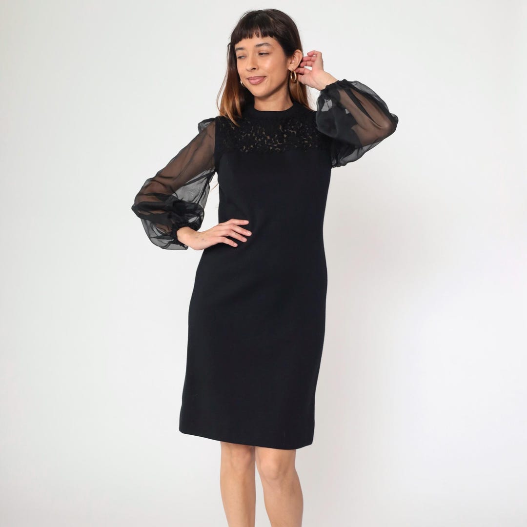 60s Black Party Dress Sheath Organza Sleeves Soutache Illusion Neckline Cocktail Evening Dress 1960s Vintage Mini Dress R & K Knits Small