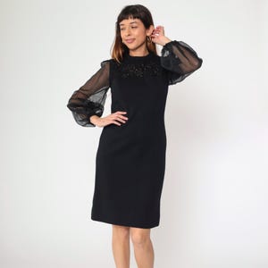60s Black Party Dress Sheath Organza Sleeves Soutache Illusion Neckline Cocktail Evening Dress 1960s Vintage Mini Dress R & K Knits Small