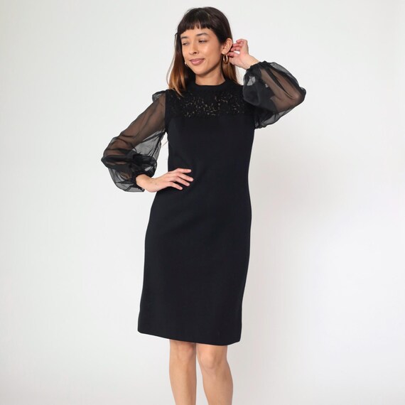 60s Black Party Dress Sheath Organza Sleeves Soutache Illusion Neckline Cocktail Evening Dress 1960s Vintage Mini Dress R & K Knits Small