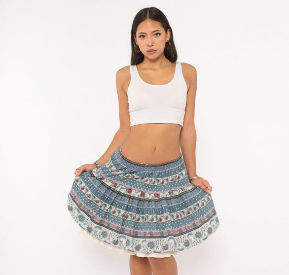 90s Prairie Eyelet Tiered Skirt Blue Burgundy Floral Striped Cotton Pleated Lace Trim Peasant Folk Ruffle Square Dance Summer Large L