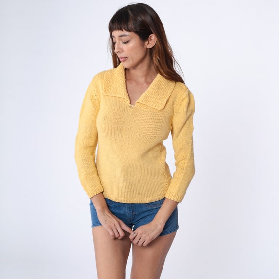Yellow Knit Sweater 70s Nubby Collar V Neck Sweater Pastel Bohemian Retro Seventies Preppy Boho Hippie Plain Vintage 1970s Extra Small xs
