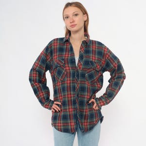 Quilted Plaid Flannel Shirt 80s Navy Red Green Tartan Jacket Grunge Lumberjack Overshirt Cottagecore Grandpa Lined Shacket Vintage Medium M