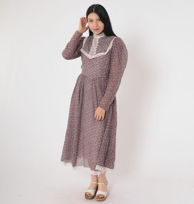 Vintage 70s Gunne Sax Dress Prairie Midi Dress Brown Floral Calico Lace ...