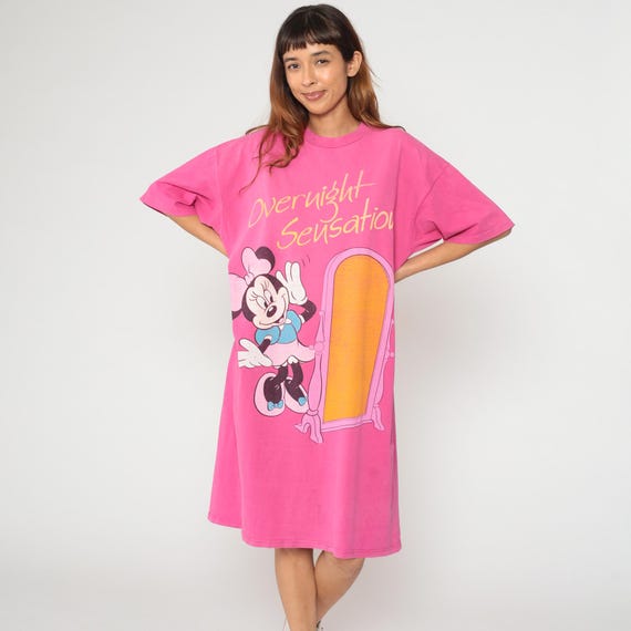 Minnie Mouse Nightgown 90s Disney Hot Pink Cotton Sleep Shirt Sensation Maxi Vintage Sleepwear Character Print Graphic Pajama PJs Large L