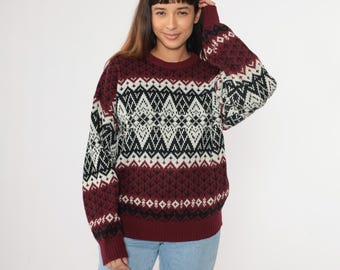 Vintage 90s Fair Isle Sweater Bordowy Geometryczny Wzór Diamentowy Czarno Biały Dzianinowy Sweter Żakardowy Sweter 1990s Knitwear Extra Large XL