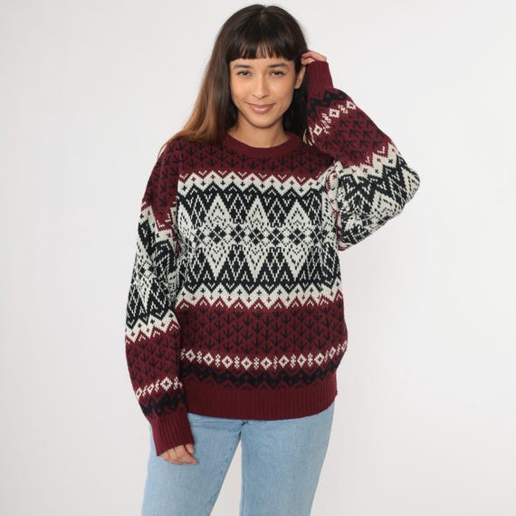 Vintage 90s Fair Isle Sweater Maroon Geometric Diamond Pattern Black White Knit Pullover Jacquard Sweater 1990s Knitwear Extra Large xl