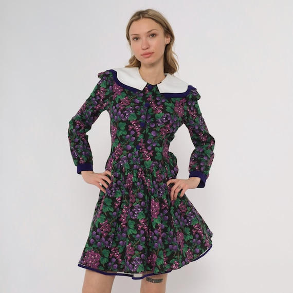 Purple Grape Dress 80s Vineyard Print Cottagecore Peter Pan Collar Long Sleeve Fall Harvest Prairie Vintage Garden Party Extra Small XS