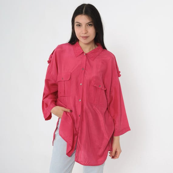 Vintage Pink Silk Shirt 90s Button Up Top Utility Chest Pocket Retro Long Sleeve Collared Blouse Plain Simple Solid Epaulet 1990s Large 14