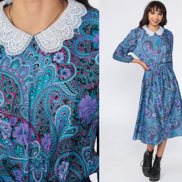 80s Paisley Dress Midi LACE COLLAR High Waist Secretary Puff Sleeve Boho Purple Blue Vintage 1980s Long Bohemian Medium