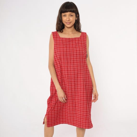 Red Plaid Dress 90s Cottagecore Cotton Sleeveless Square Neckline Button Back Jumper Light Academia Prairie Plus Size Extra Extra Large XXL