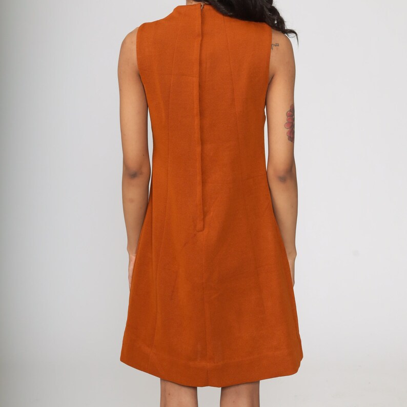 Mod Mini Dress Brown Dress 60s Shift Sleeveless Dress Funnel Neck Poly 1960s Gogo Vintage Sixties Twiggy Plain 70s Minidress Extra Small xs