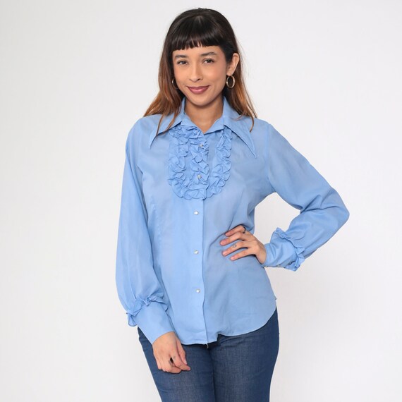 Ruffled Western Blouse 80s Blue Pearl Snap Shirt Ruffle Jabot Collar Long Sleeve Button up Cowgirl Top Rodeo Country Vintage 1980s Medium M