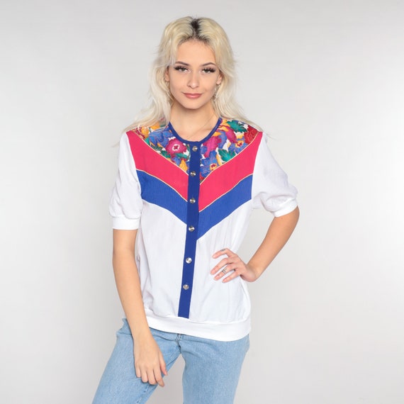 Striped Floral Blouse 90s White Top Short Sleeve Shirt Flower Print Button up Banded Hem Retro Streetwear Red Blue Vintage 1990s Small S