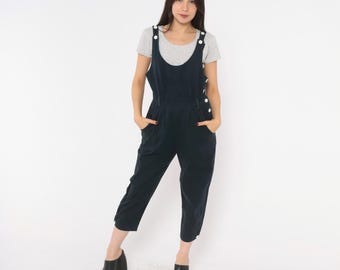 90s Navy Overalls Cropped Tapered Leg White Button Side Jumpsuit Workwear Utility Pockets Dark Blue Sleeveless One Piece Joni Blair Small S