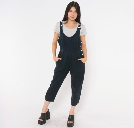 90s Navy Overalls Cropped Tapered Leg White Button Side Jumpsuit Workwear Utility Pockets Dark Blue Sleeveless One Piece Joni Blair Small S