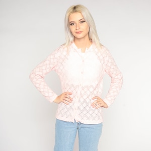 Baby Pink Cardigan 70s Sheer Metallic Pointelle Knit Button Up Sweater Retro Boho Open Weave Pastel Sweater Grandma Vintage 1970s Medium M