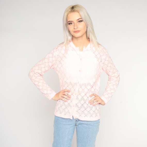 Baby Pink Cardigan 70s Sheer Metallic Pointelle Knit Button Up Sweater Retro Boho Open Weave Pastel Sweater Grandma Vintage 1970s Medium M