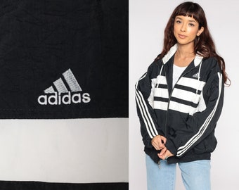 Chaqueta ADIDAS Chaqueta con capucha - Abrigo con capucha negra Nylon Rayas con capucha Deportes Vintage Streetwear Medio