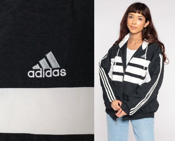 ADIDAS Jacket Hoodie Jacket -- Black Hood Coat Nylon Striped Hooded Sports Vintage Streetwear Medium
