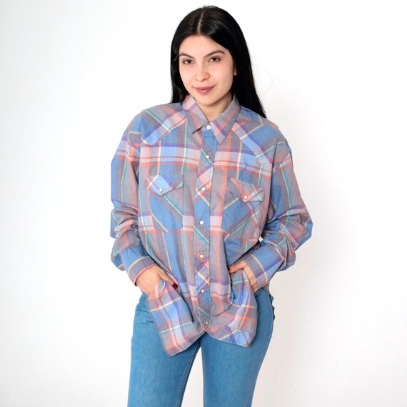 Plaid Wrangler Shirt 90s Pearl Snap Western Shirt Blue Grey Orange Green Checkered Long Sleeve Cowboy Top Vintage 1990s Mens Extra Large xl