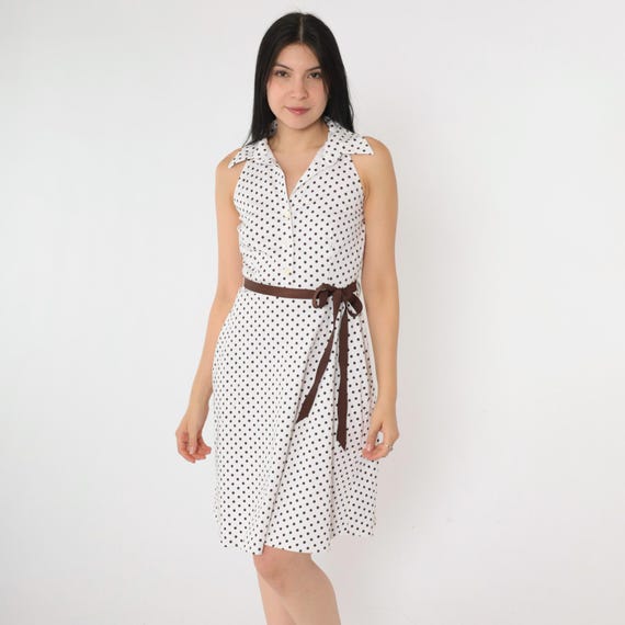 Polka Dot Halter Dress White Button Up Mini Shirtdress Sleeveless Racerback Brown Belt Sleeveless Fit and Flare Retro Style Collared Small 6