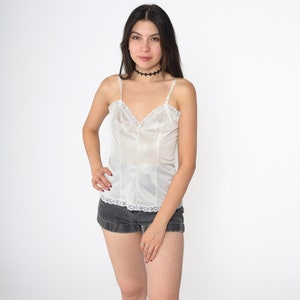 White Cami Top 80s Lingerie Camisole Tank Top Lace Trim Undershirt Longline Spaghetti Strap Princess Seam Lounge Nylon Vintage 1980s Small S