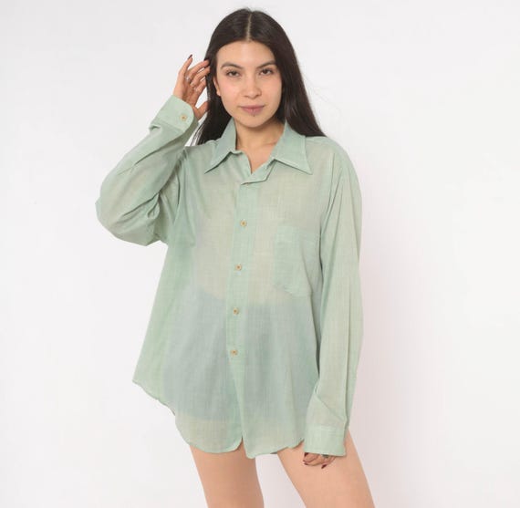 70s Seafoam Sage Green Button Front Shirt Semi Sheer Cotton Camp Collar Mint Long Sleeve Blouse Relaxed Fit Vintage Extra Extra Large XXL