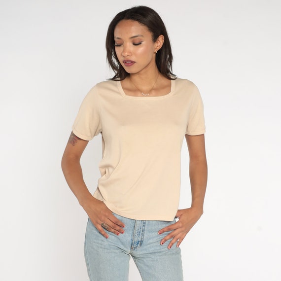 Beige Top 90s Square Neck Shirt Short Sleeve Blouse Basic Simple Minimalist Streetwear Casual Summer Solid Neutral Tan Vintage 1990s Large L