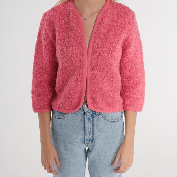 Pink Wool Cardigan 60s Open Front Knit Sweater Cr… - image 7
