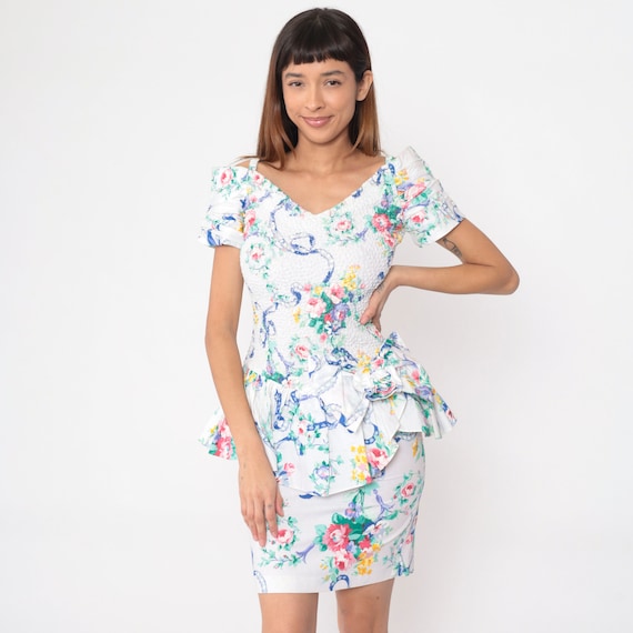 Off Shoulder Dress 80s White Floral Mini Dress Smocked Peplum Waist Bow Garden Party Flower Print Summer Pencil Vintage 1980s Small 4