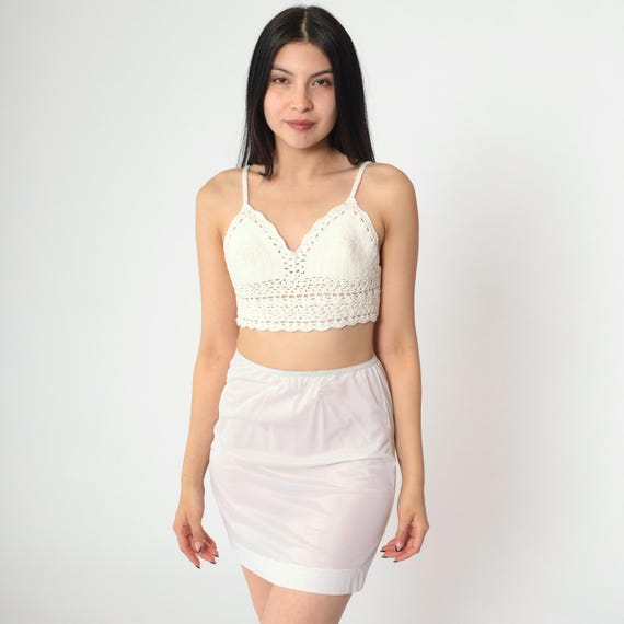 Vintage White Lace Slip Skirt 70s Sheer Lingerie Mini Skirt Half Slip Retro Pinup Romantic Pin Up Extra Small XS S