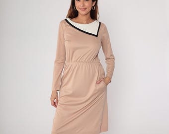 Color Block Midi Dress 80s Tan Beige Black White  Long Sleeve Vintage Elastic Waist Mod Secretary Office Work Professional Neutral Medium M