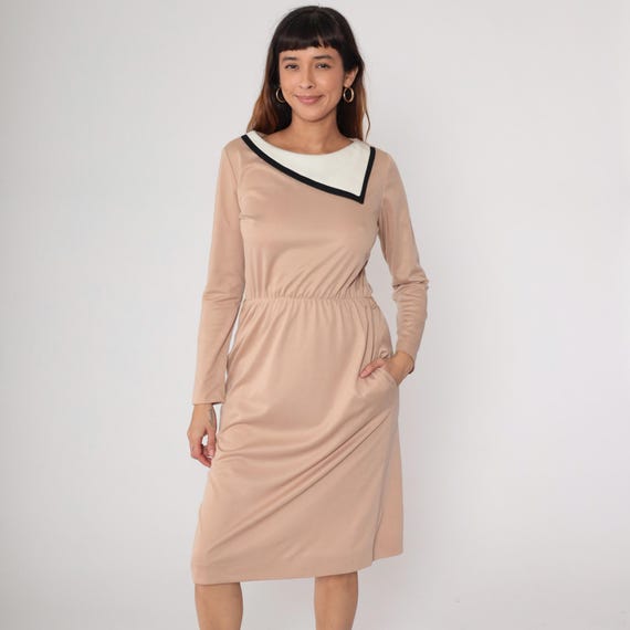 Color Block Midi Dress 80s Tan Beige Black White  Long Sleeve Vintage Elastic Waist Mod Secretary Office Work Professional Neutral Medium M