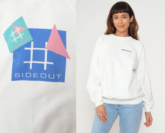 Volleyball Sweatshirt 90s Sideout White Geometric Graphic Blue Pink Triangle Long Sleeve Crew Neck Raglan Cotton Blend Oversized Large L