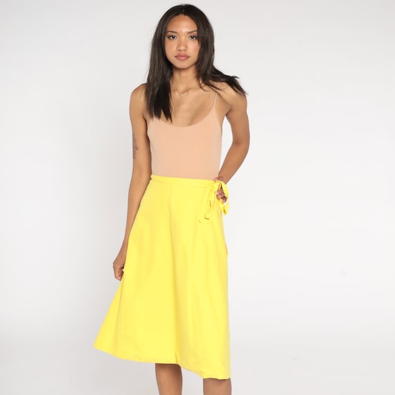 80s Wrap Skirt Bright Yellow High Waisted Plain Midi Cotton Blend Boho 1980s Hippie Retro Vintage Bohemian Eco Simple Medium 8