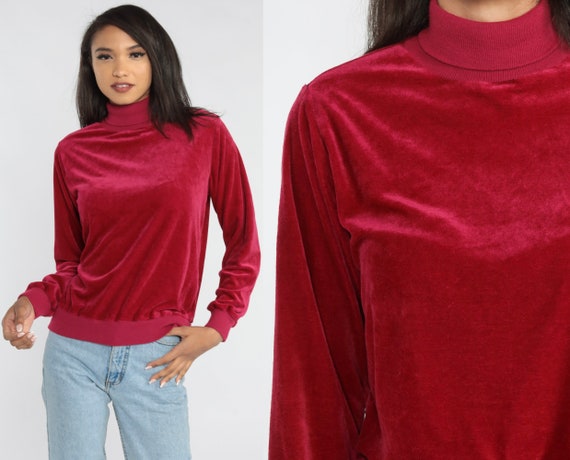 Raspberry Red Velour Sweatshirt 80s Turtleneck Sw… - image 1