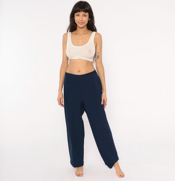 70s Navy Trousers Pull On Pants Wide Leg Straight Dark Blue Slack High Rise Full Length Minimal Vintage Womens Extra Extra Large XXL