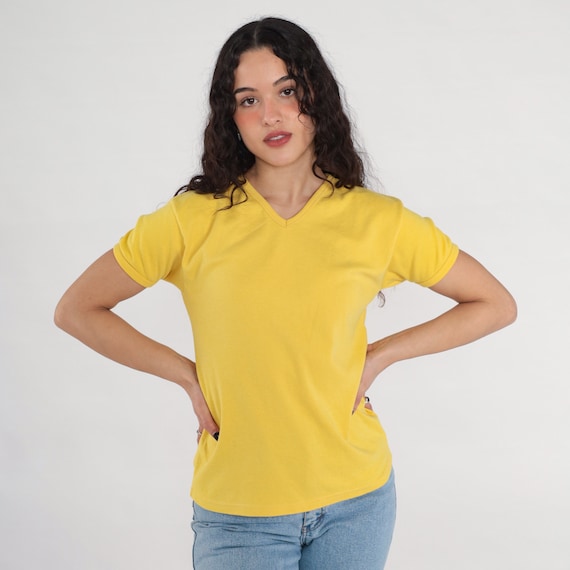Yellow V Neck Shirt Plain TShirt 90s T Shirt Retro Tee Vintage 1990s Basic Tee Shirt Blank Solid Small S