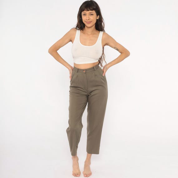 Olive Pleated Trousers 80s High Waist Pants Tapered Leg Army Green Cropped Ankle Length Slacks Khaki Neutral Women Vintage Extra Small XS