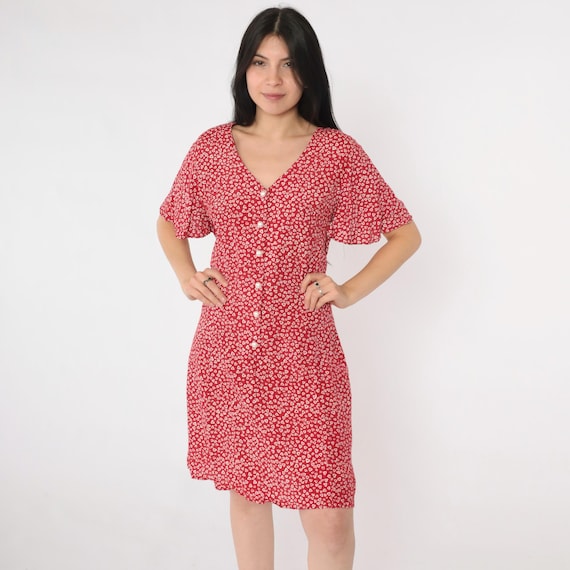 90s Red Button Up Dress Flutter Sleeve Grunge Mini Dress Vintage Geometric Confetti Print Shirtdress 1990s Short Sleeve Minidress Medium M