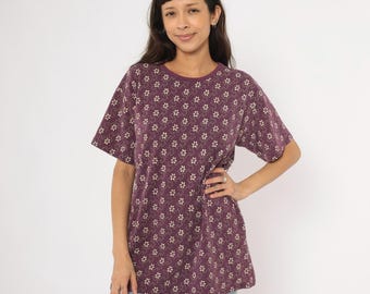 90s Floral Tee Plum Ditsy Flower Print Cotton Tunic Purple Cream All Over Pattern Relaxed Fit Vintage Womens Shirt Kavio Designs Top Large L
