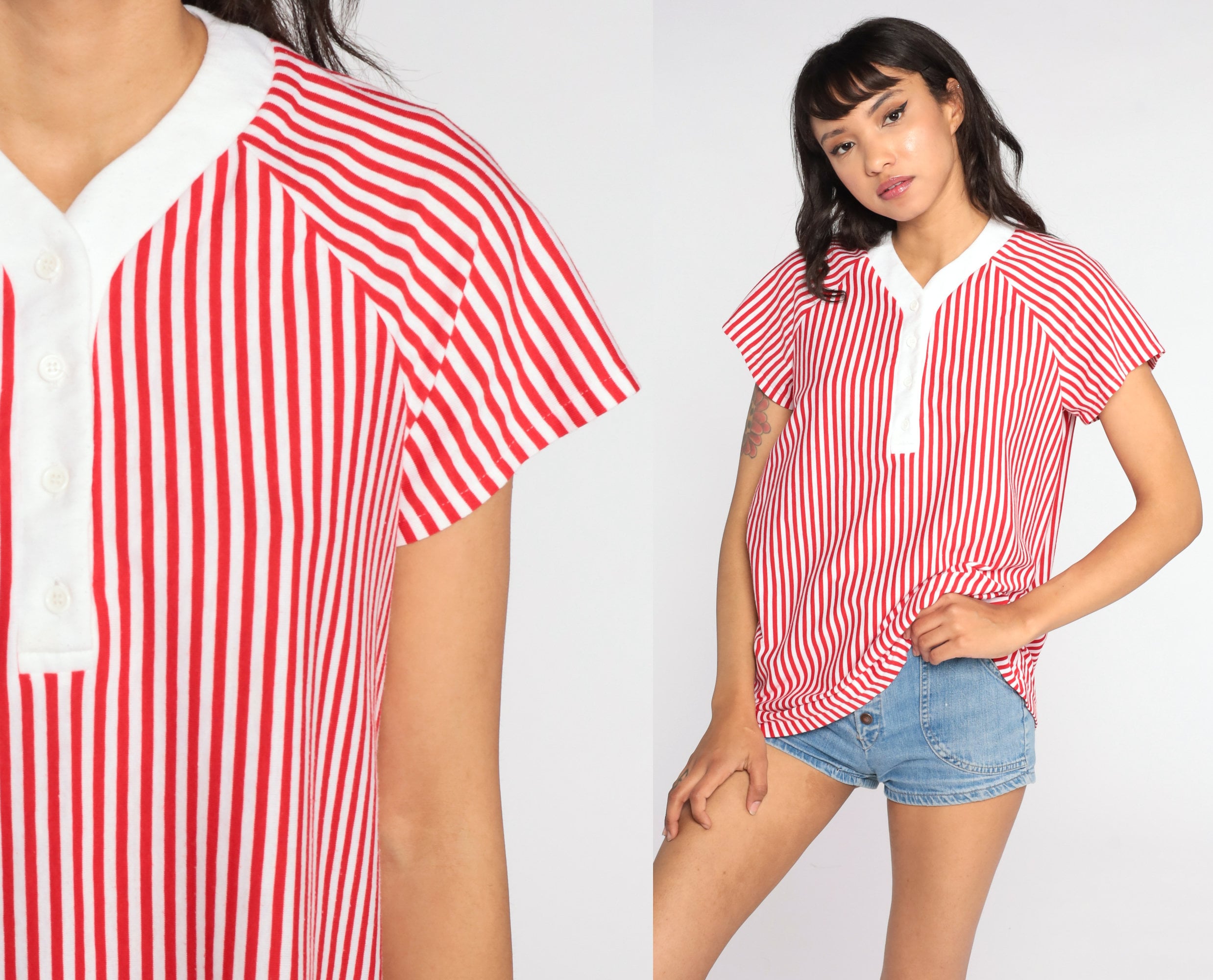 80s Striped Shirt -- Red White Shirt Henley Button Up Retro Tee Vintage Short Sleeve 1980s Shirt Raglan Sleeve Medium Large