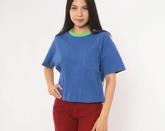 90s Blue Pocket Tee Green Ringer Cotton Short Sleeve Boxy Crop Top Cobalt Color Block Vintage Streetwear Casual Summer Shirt Medium M