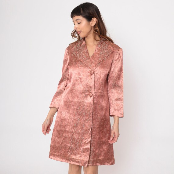 60s Brocade Bird Jacket Pink Button Up Cocktail Party Jacket 1960s Mad Men Floral Long Sleeve Mid Length Formal Vintage Medium