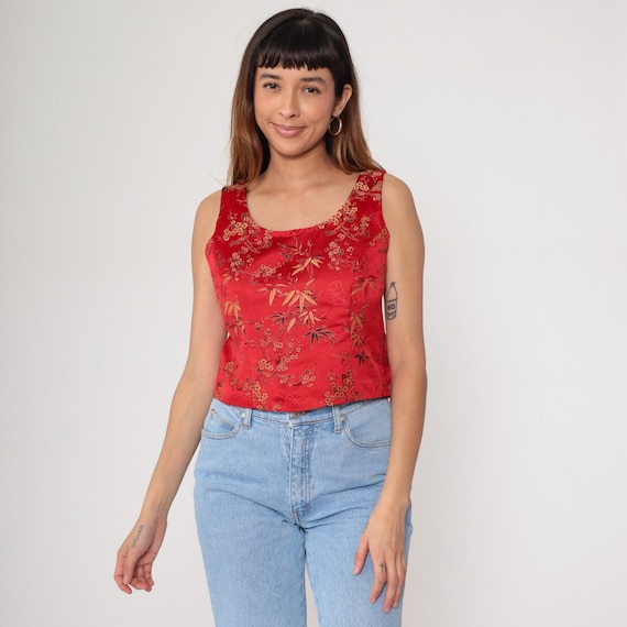 Red Satin Crop Top 90s Cherry Blossom Bamboo Print Asian Inspired Tank Chinese Brocade Style Sleeveless Fitted Blouse Y2K Floral Small