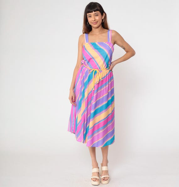 Pastel Rainbow Sundress 80s Stripe Midi Cotton Blend Square Neck Spaghetti Strap Belted Summer Pink Purple Blue Yellow Elastic Waist Small S