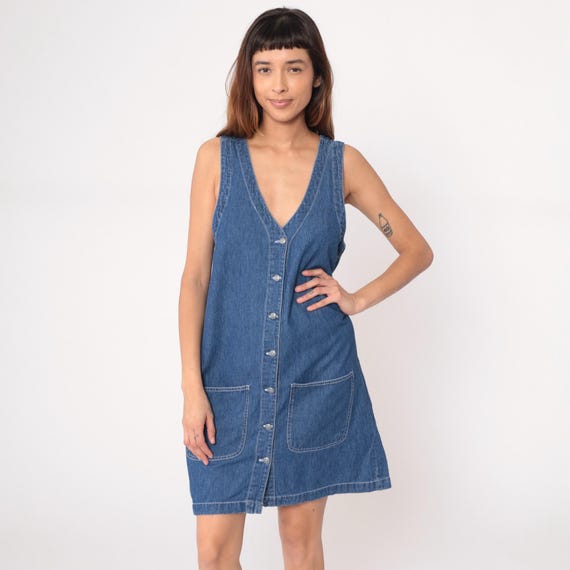 90s Blue Denim Dress Button Front Sleeveless Cotton Vintage Front Pockets Tank Style Jean Shift Dress Snap Buttons Normcore Grunge Medium M